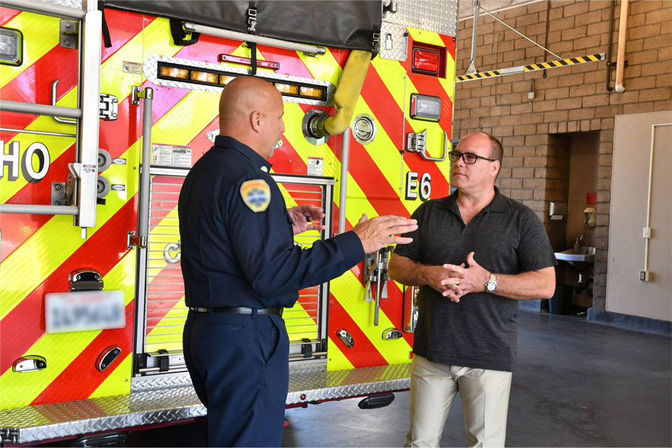 San Bernardino County Supervisor Curt Hagman speaks to a first responder